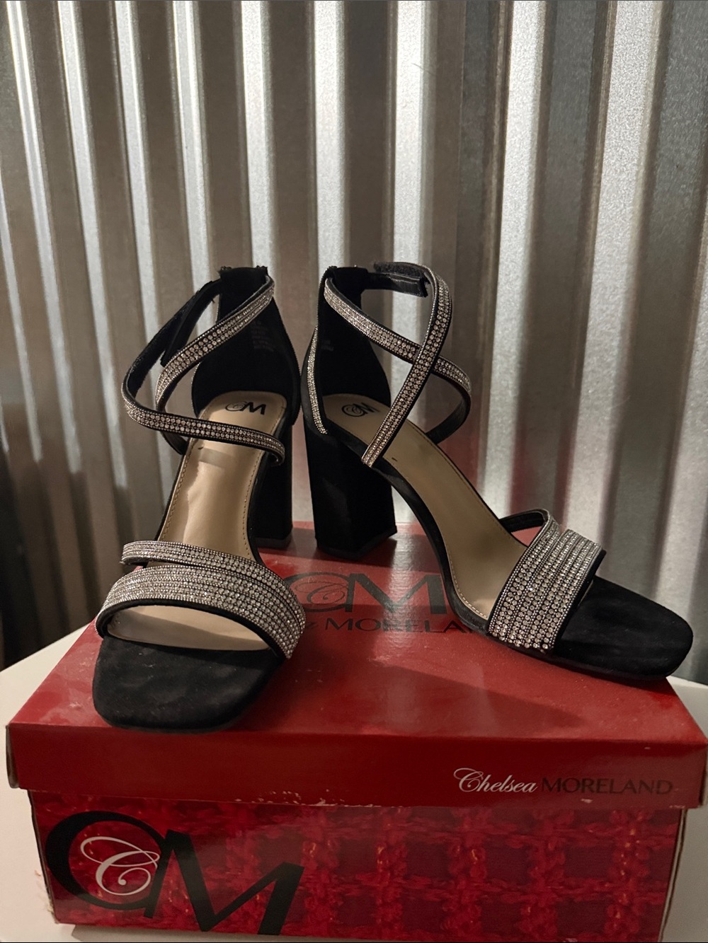 Chelsea Moreland Black Strappy Block Heels with Sparkle Detail